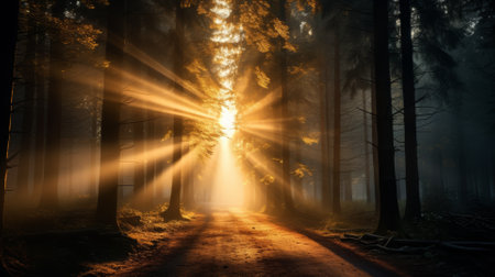 Sunbeam through forest, magical light with text spaceの素材