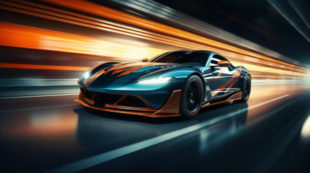 Modern sports cars run on the roads at night at high speed.の素材