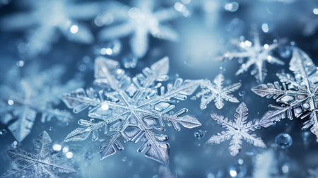 Snowflakes close-up, intricate details with surrounding spaceの素材