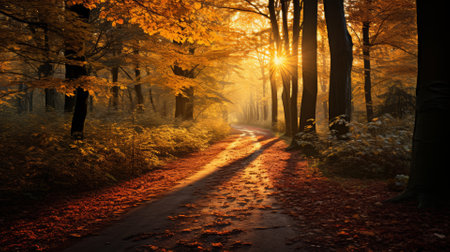 Warm autumn forest path, foliage with side text areaの素材