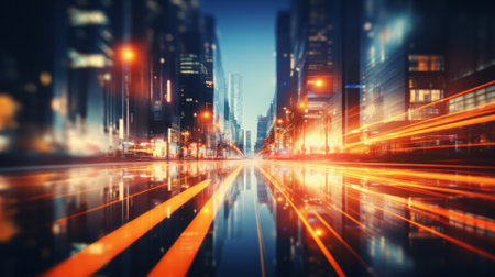 Vibrant city lights at night, blurred with side space for textの素材