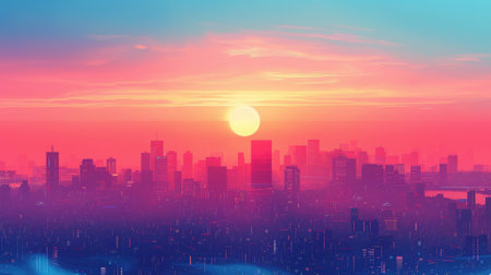 Dawn breaking over a minimalist urban skyline, ample copy spaceの素材