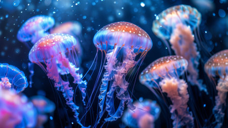 Glowing jellyfish underwater, marine mysteryの素材