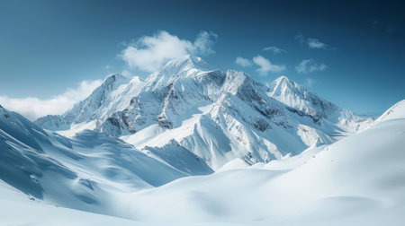 Snowy mountain peaks under clear blue skies, panoramic copy spaceの素材