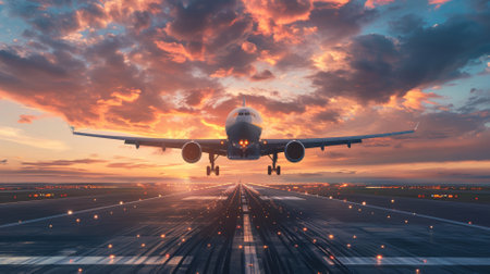 Commercial airplane landing against a sunset skyの素材