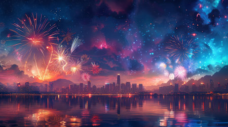 Colorful fireworks display over a city, celebrationの素材