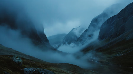 Foggy mountain pass at dawn, serene and majesticの素材