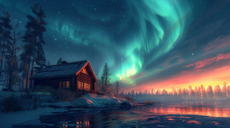 Northern lights over a traditional log cabin, wildernessの素材