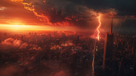 Lightning bolt striking city, dramatic weatherの素材