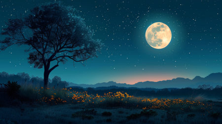 Moon over peaceful countryside, night stillnessの素材