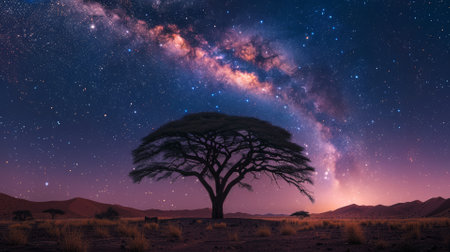 Milky Way arching over an isolated tree, cosmic beautyの素材