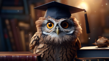 A wise owl wearing glasses and a graduation cap, standing by a stack of booksの素材