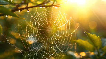 Macro shot of a dew-covered spiderweb, soft morning lightの素材