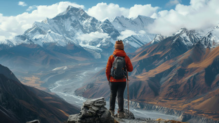 High mountain trekker overlooking vast valleys, adventureの素材