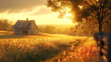 Golden hour on a quaint rural farm, warmthの素材