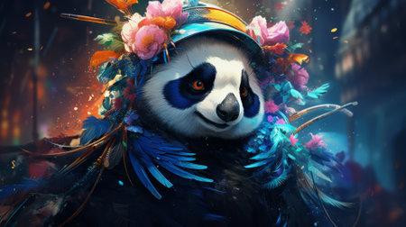 A whimsical blend of a panda and a peacock, with colorful feathers and a serene expressionの素材