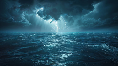 Lightning storm over the ocean, dramatic natureの素材