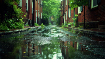 Rain-soaked urban alley, reflective moodの素材