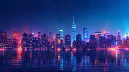 Night view of illuminated skyscrapers, modern cityscapeの素材
