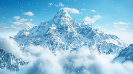 Snowy mountain peaks under clear blue skies, panoramic copy spaceの素材