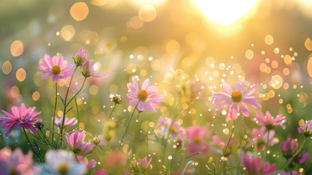 Wildflower meadow at sunrise, dewy freshnessの素材