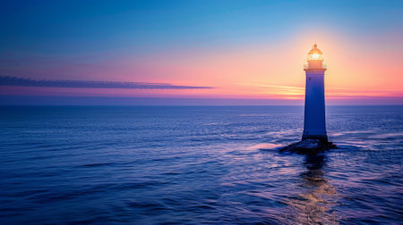 Solitary lighthouse at dusk, guiding light themeの素材