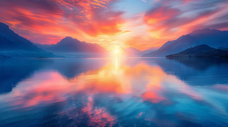 Tranquil lake reflecting a fiery sunset, calmnessの素材