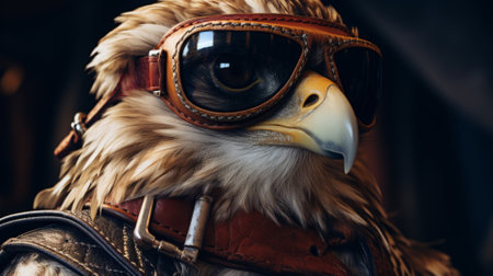 A majestic eagle in pilot goggles, next to a vintage airplaneの素材