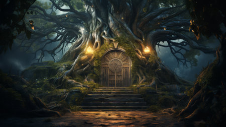 Ancient tree with doors leading to magical worldsの素材