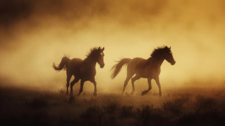Wild horses galloping across open fields, freedomの素材