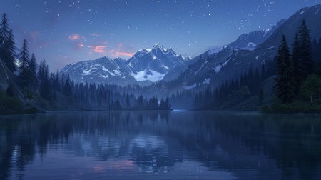 Night sky reflection in mountain lake, sereneの素材