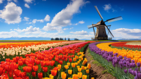 Colorful tulip fields with a windmill in the distanceの素材
