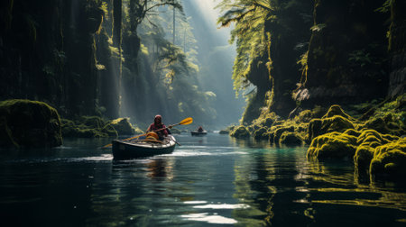 Kayaks on a river exploring a dense forestの素材
