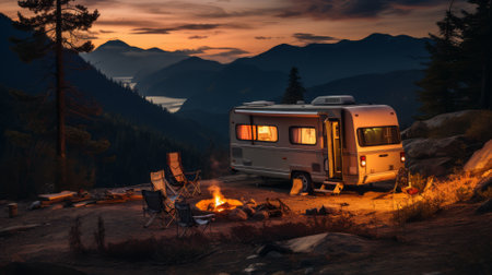Recreational vehicle camping in a mountainous areaの素材