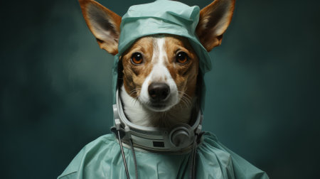 Anthropomorphic canine in a surgeon's attire, ready for an operationの素材