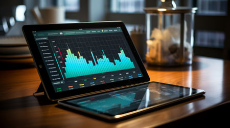 Financial charts and graphs on a digital tablet with a stylusの素材