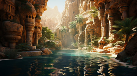Hidden oasis in the desert with a mirage of an ancient cityの素材