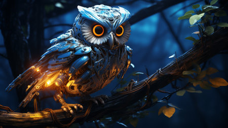 Robotic owl with glowing eyes, perched on a digital branchの素材