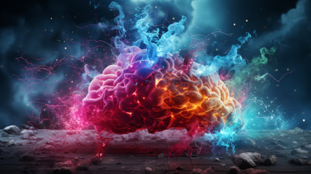 Electric impulses in a brain, sparking in vivid colorsの素材