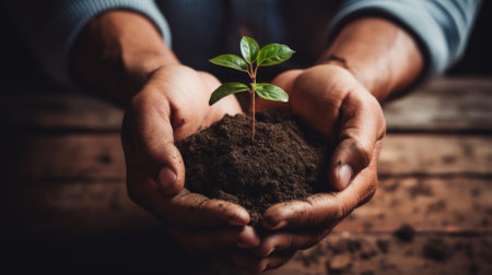 Farmer's hands with soil, nurturing an organic seedlingの素材