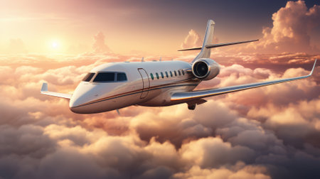 Sleek private jet flying above the cloudsの素材