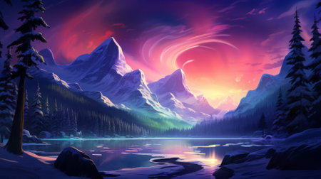Majestic northern lights over a snowy landscapeの素材