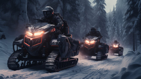 Snowmobiles ready for an adventure in a winter landscapeの素材