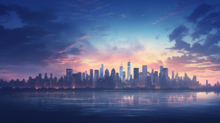 Group of vibrant cityscapes at dusk with ample copy spaceの素材