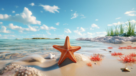 Starfish on the shore, kissed by bright beach sunshineの素材