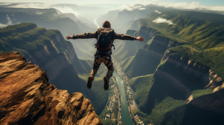 Base jumper leaping off a towering cliff, thrill of flightの素材