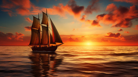 Sailboat with a full sail against a setting sunの素材