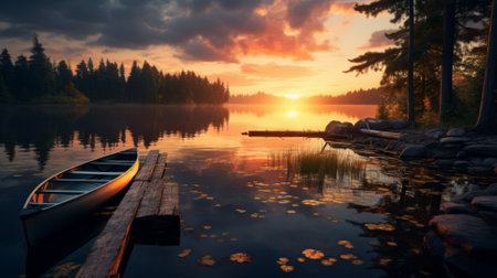 Serene lake dock at sunrise with a canoeの素材