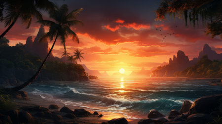 Sunset over a secluded beach with palm treesの素材