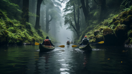 Kayaks on a river exploring a dense forestの素材